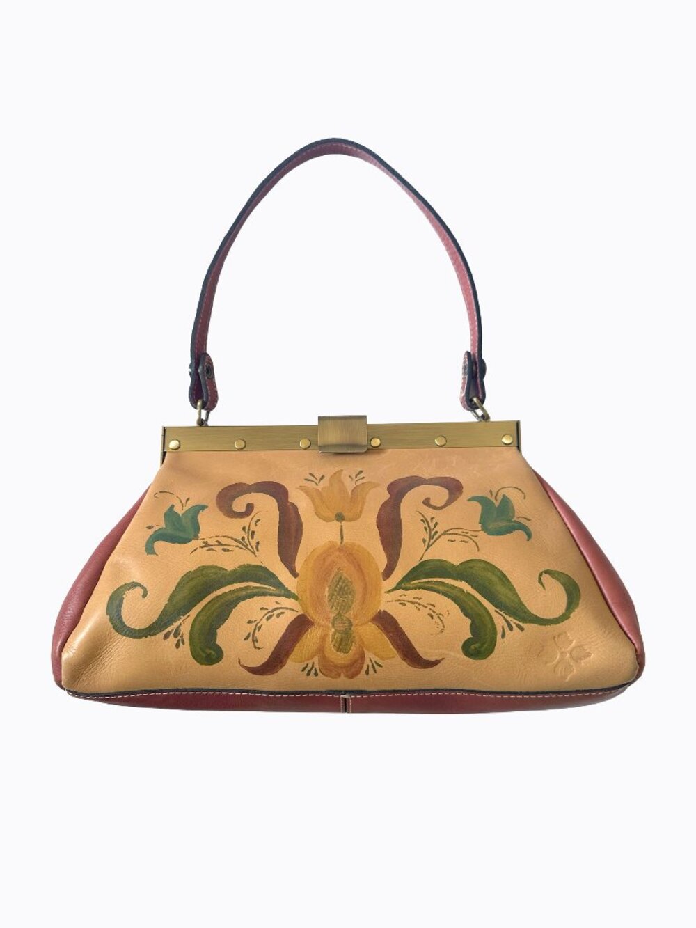 Patricia Nash Ferrara Frame Satchel Hand Painted Floral Leather Purse Rose Tan